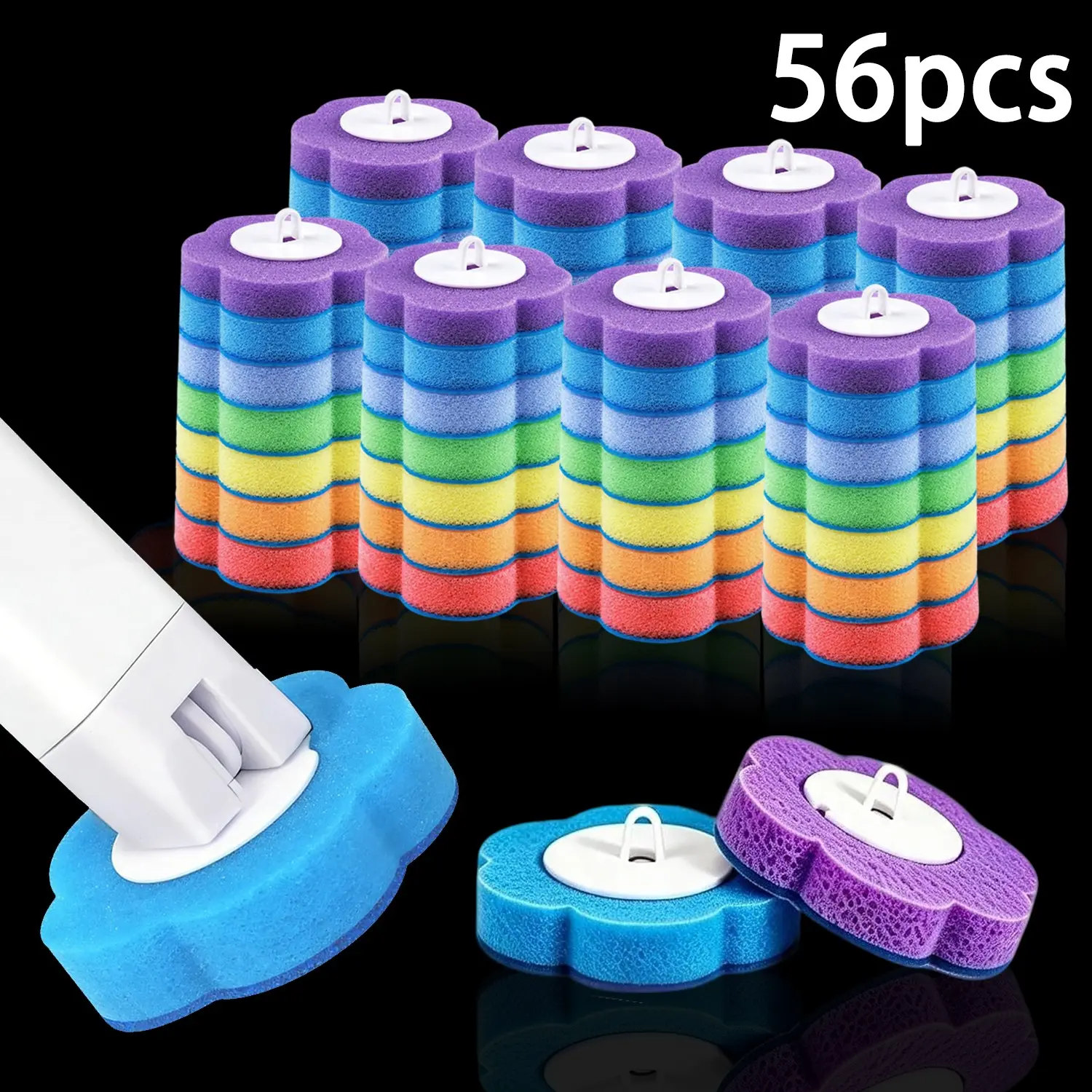 56pcs Colorful Toilet Brush Replacement Heads, Seven Colors Disposable Sponge Brushes, Ocean Scented, Bathroom Cleaning Set
