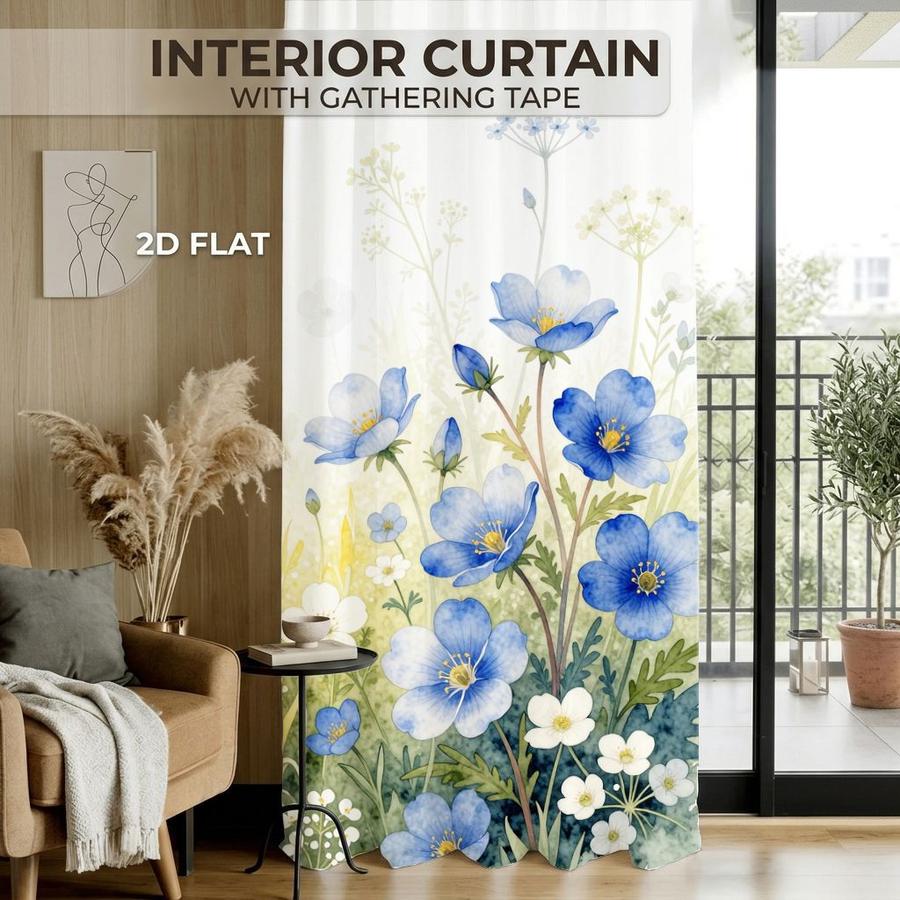 2Pcs Floral Rustic Blue Flower Meadow Sun Blocking Curtains Digital Printed Rod Pocket, Window Treatment For Bedroom Office Kitchen Living Room Study Home Decor