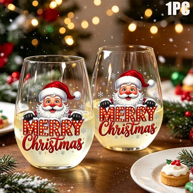 1pc/12oz/350ml/ Merry Christmas Stemless Wine Glasses,Champagne And Whisky Glass,Party Cups for Indoor Outdoor Perfect for Home Party,Santa Claus Design, Holiday Gifts,Perfect for Christmas And Holiday Parties,Christmas Gifts