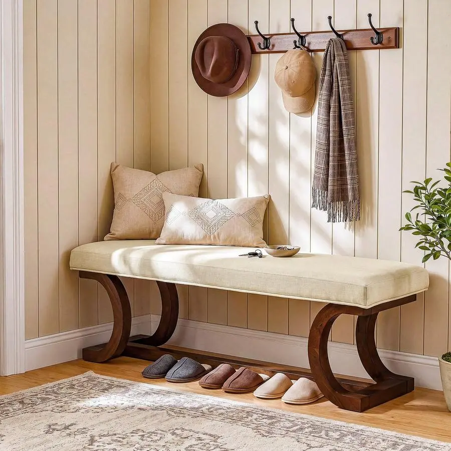48.43" W x 14.57" D x 17.72" Rectangular Padded Upholstered Bench - Solid Wood Reinforced Frame Entryway Bench with Comfortable Upholstered Seating, Nordic Style Elegant Modern Transitional Accent Furniture (End of Bed/Dining Room, Dark Brown)