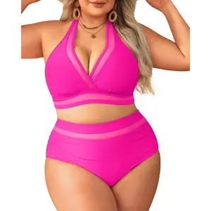 Tempt Me Women Plus Size Bikini High Waisted Swimsuits Mesh Tummy Control Two Piece Bathing Suit with Full Coverage Bikini Bottom