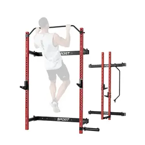 Heavy Duty Wall Mounted Folding Squat Rack, 1000lbs Capacity Power Rack Made of 2.36"x2.36" Steel, Equipped with Pull Up Bar, J-Hooks & 360° Landmine, Space Saving Home Gym Equipment
