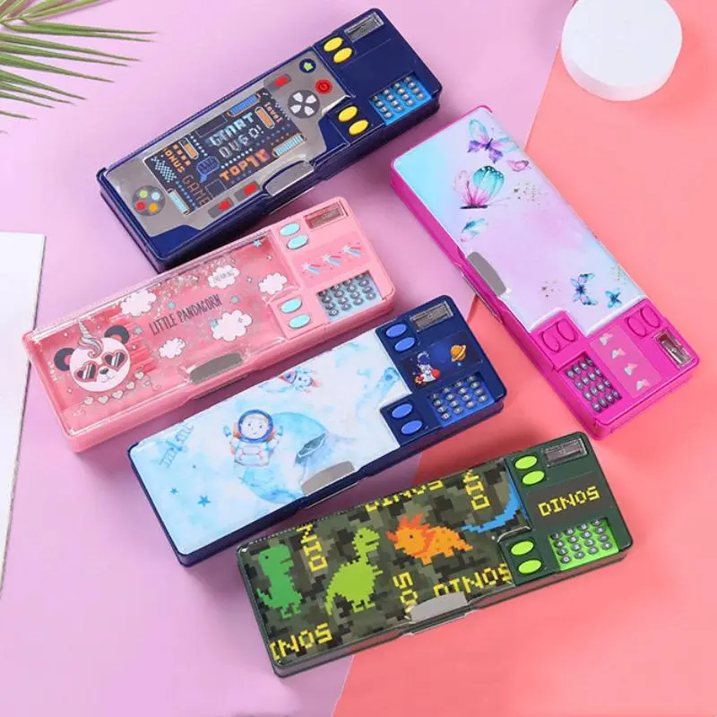 Calculator Stationery Box Creative Gift for Elementary School Students Double-sided Pencil Case Multifunctional