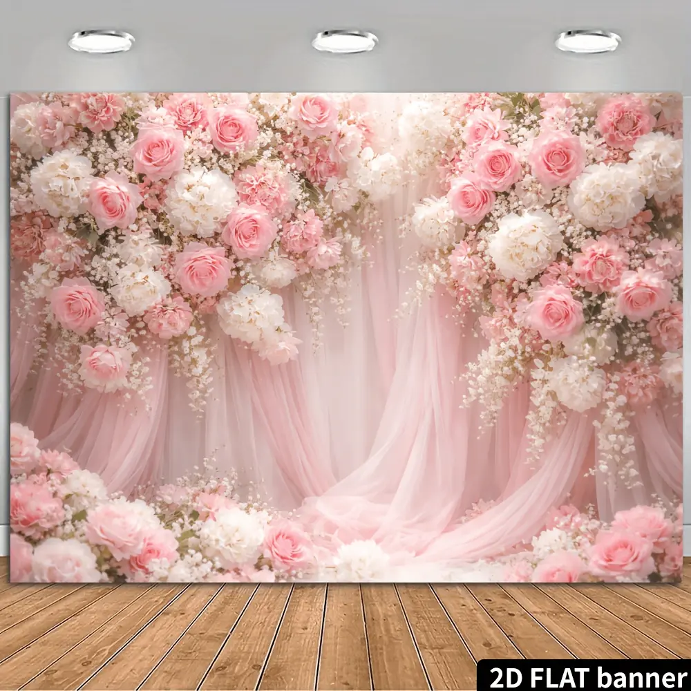 Lightweight Floral Print Pink Rose Hydrangea Polyester Backdrop Banner - Home Decor Tapestry for Wedding, Photoshoot; Room Wall Decor, Ideal Gift, Multi-Size