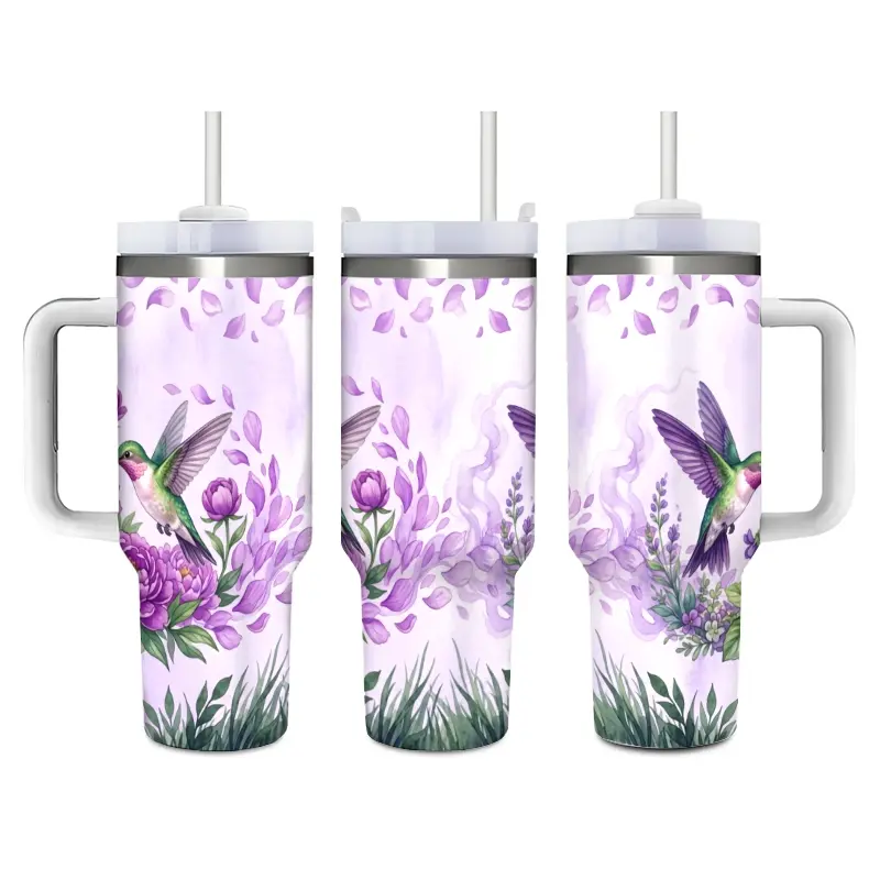 Elegant Hummingbird & Purple Floral Art Stainless Tumbler - Insulated Beverage Vacuum Flask with Straw, Lid, Lightweight Portable Watercolor Peony Violet Mug for Hot/Cold Drinks, Ideal for Office, Road Trips, Sturdy, Mother's Day Gift
