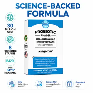 Kingscom Probiotic Stick Packs, 30 Billion CFUs Multi-Strain Probiotic Powder, Supports Gut Flora Balance & Digestive Wellness, Daily Dietary Supplement for Adults, 10 Sticks first 3-in-1 pre