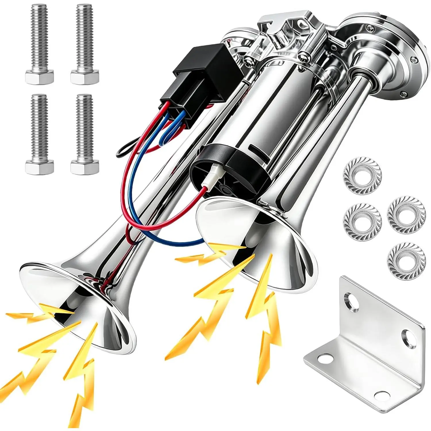 12V 600DB Super Loud Electric Air Horn, Silver Dual Trumpet Train Truck Horn Kit with Compressor, Universal for Vehicles, Trucks, SUVs, Motorcycles, Pickup, Boats and Lorries
