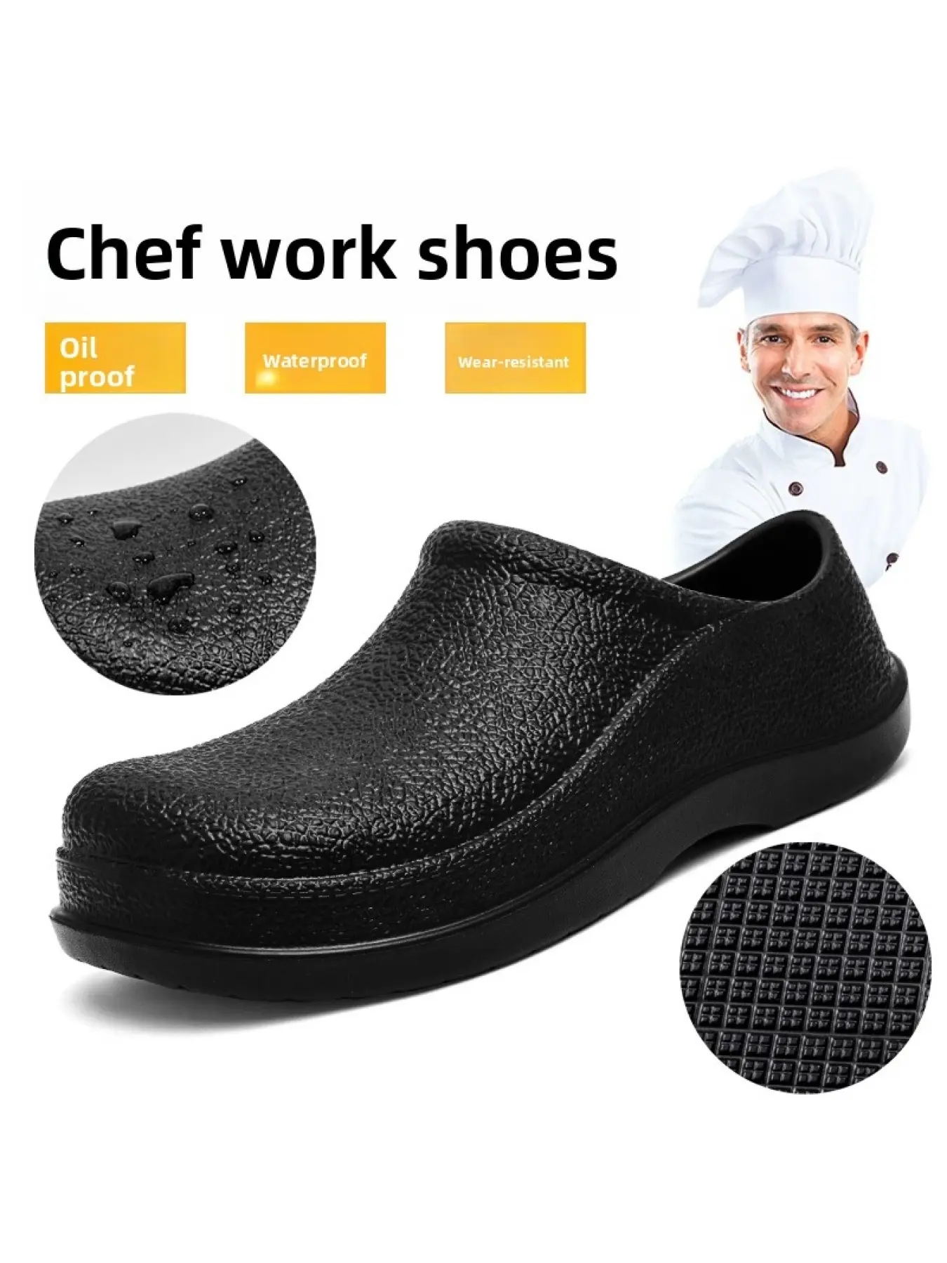 Men's Black Textured EVA Classic Work Clogs, Oil Resistant Non Slip Waterproof Slip On Shoes, Lightweight Kitchen Nurse Restaurant Chef Footwear