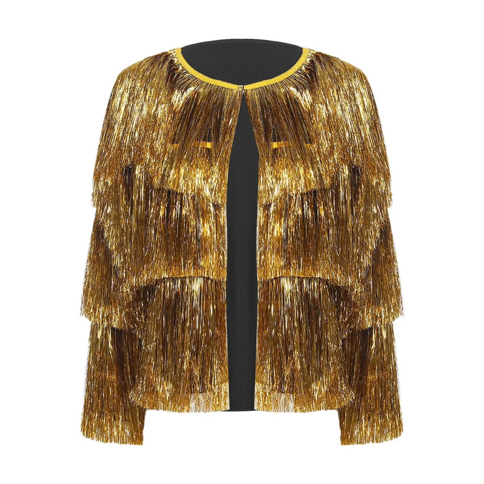 Women Glitter Sequin Jacket Coat Hip Hop Jazz Costume Fringed Long Sleeved Coat Cardigan Dance Tops Festival Carnival Clubwear