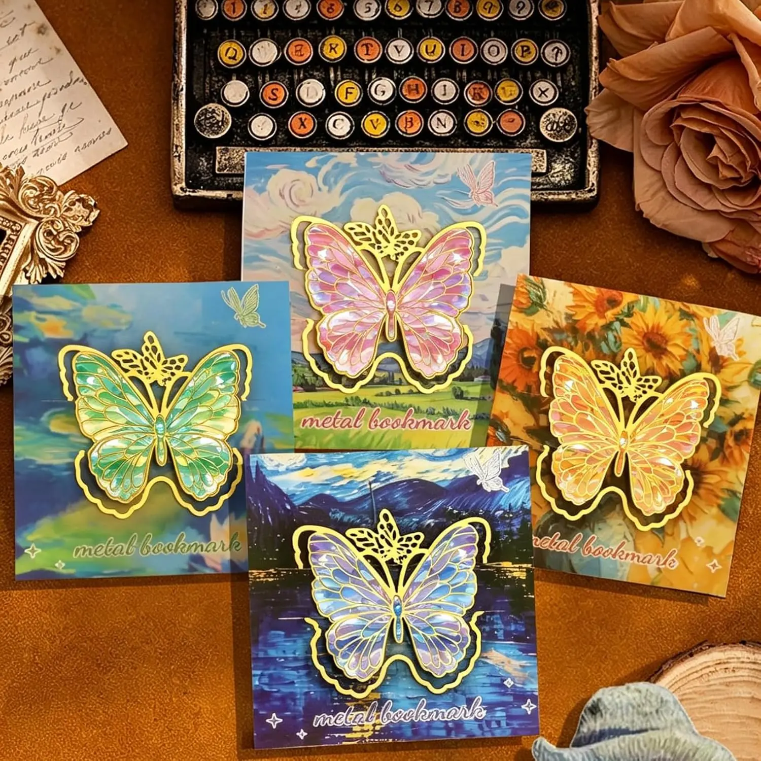 4 count Metal Butterfly Bookmarks,  Oil Painting Golden Hollow Bookmarks, Aesthetic Reading Accessories for Book Lovers Women Writers Readers,  Birthday Graduation Gifts for Students Teens