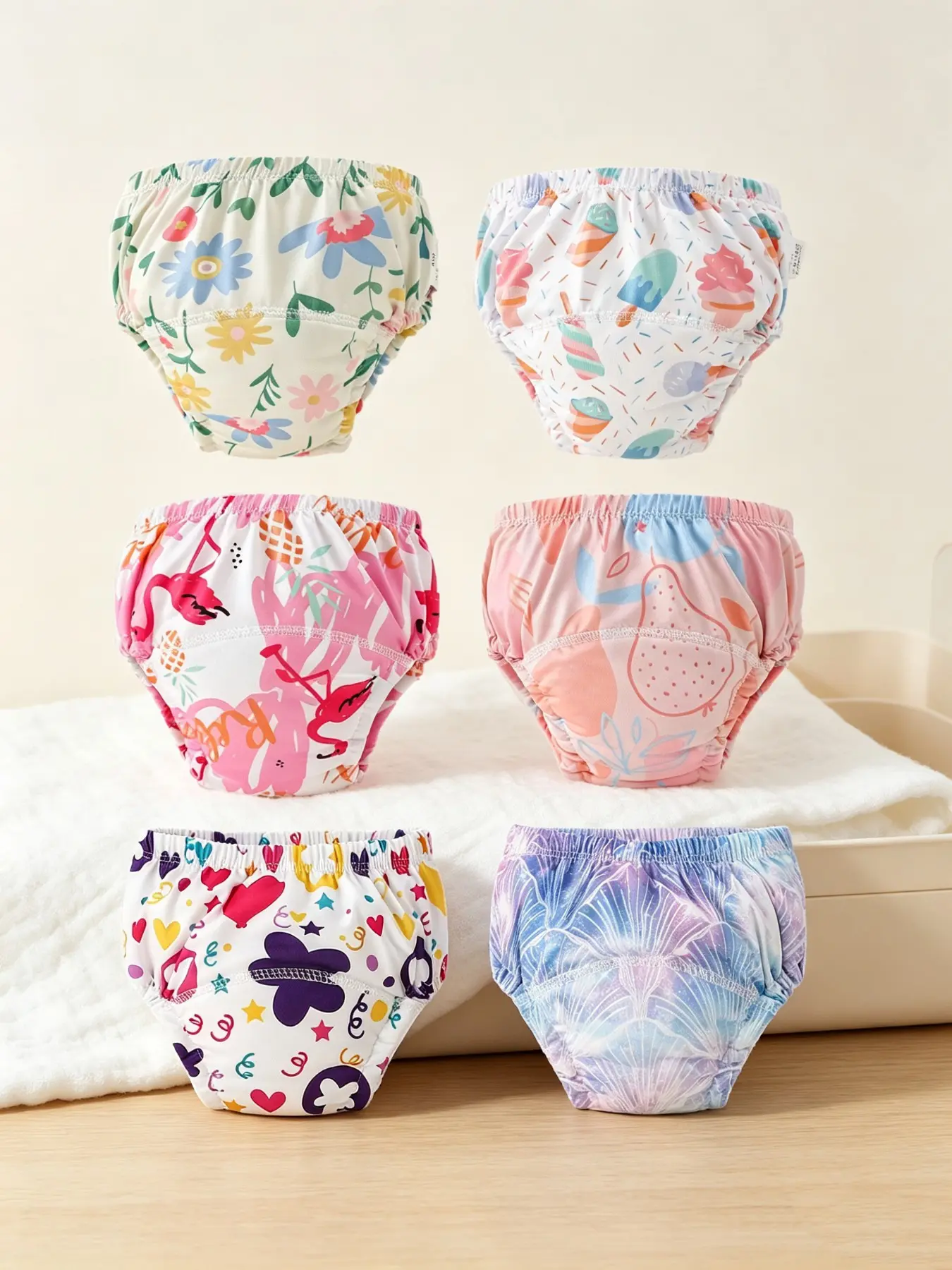 6-Pack Washable Reusable Girl Training Pants, Cute Print Summer Absorbent Potty Shorts, Pool Beach Kids Pull-Ups, Child Underwear, Toddler Panties