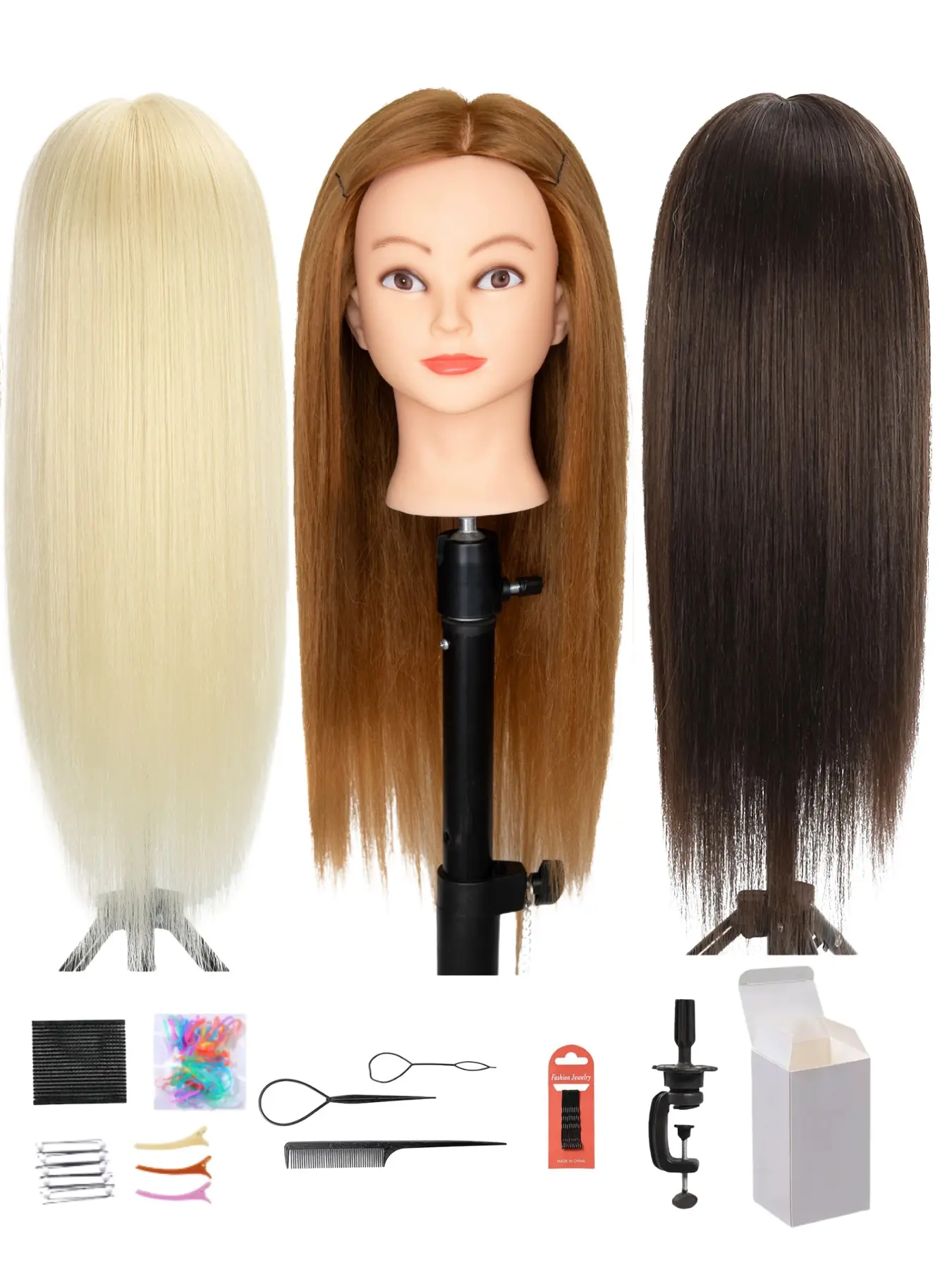 26 Inch Synthetic Hair Mannequin Head with Clamp Stand & Complete Hair Styling Tools, 3 colors for choice. Ideal training doll for braiding, cutting practice, Learning and Practice, perfect for hairdresser students and DIY hairstyle lovers with gift box