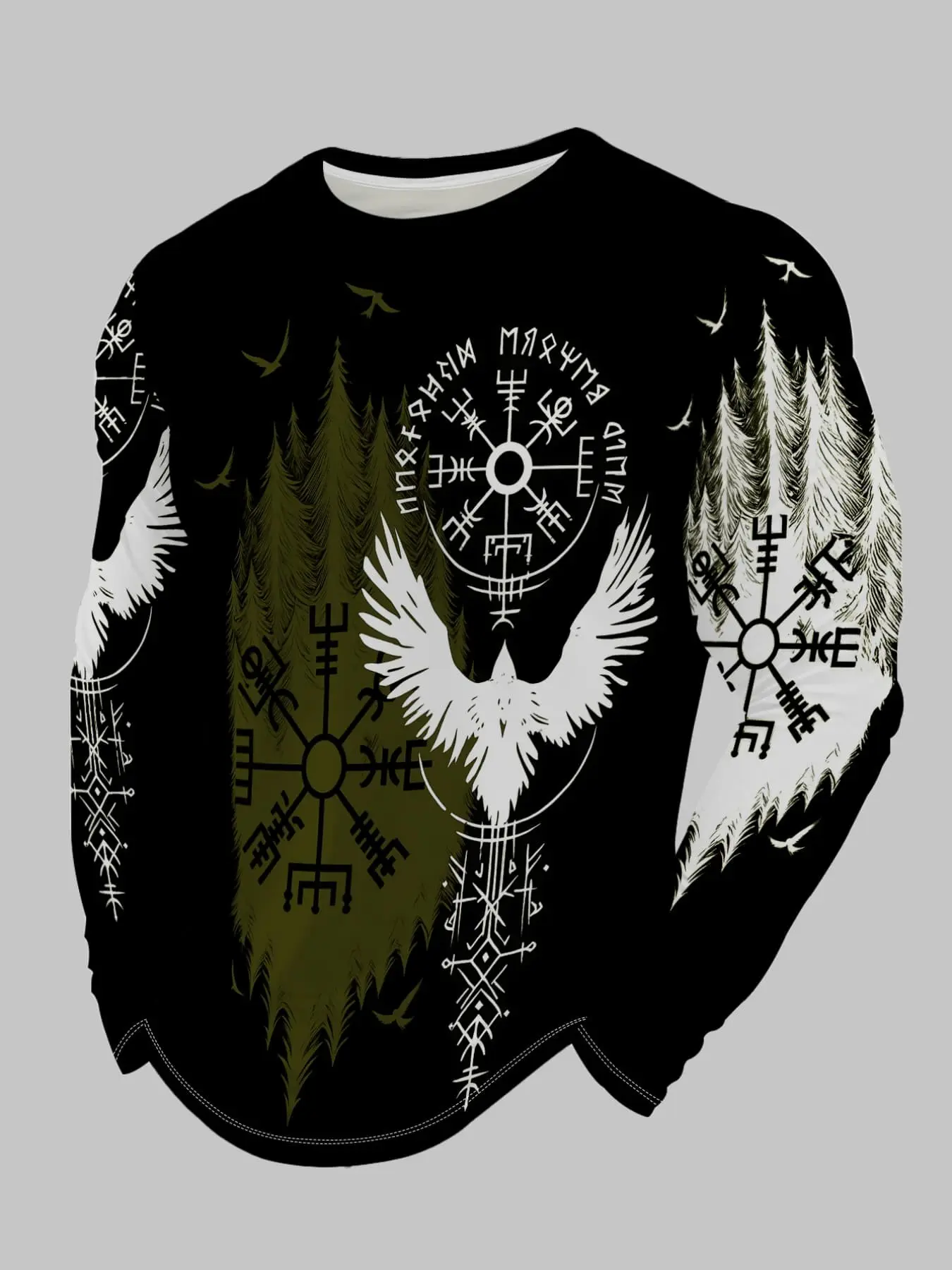 Men's Viking Rune Compass Raven Forest Print Long Sleeve T-Shirt, Norse Mythology Gothic Round Neck Top, Breathable Retro Design, Menswear