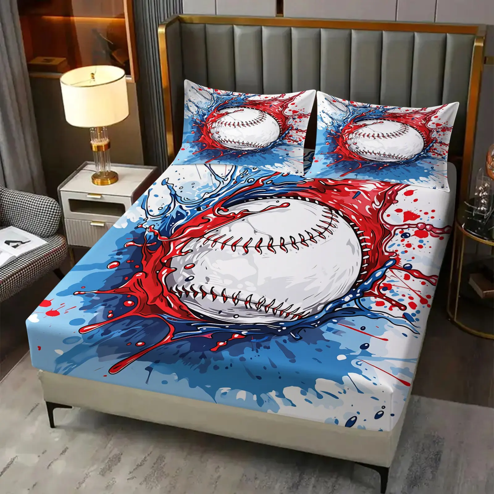 3Pcs Splatter Baseball Print Fitted Sheet Set, Bedsheet Set, Red and Blue Watercolor Baseball Printed Bedding Set, All-Season Bedding, Comfy Bedding Set, Suitable for Boys' Bedrooms, Sports Enthusiasts' Rooms (Without Pillow Core)