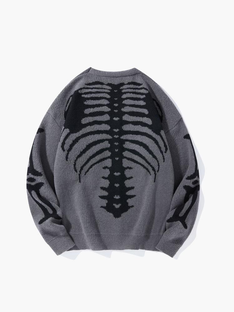 Men's Skeleton Print Button-Front Knitwear Top - Long Sleeve V-Neck, Loose Drop-Shoulder Regular Fit, Soft Menswear Pullover, Spooky Men's Cardigan, Multi-Size, Casual Halloween Fall Wear