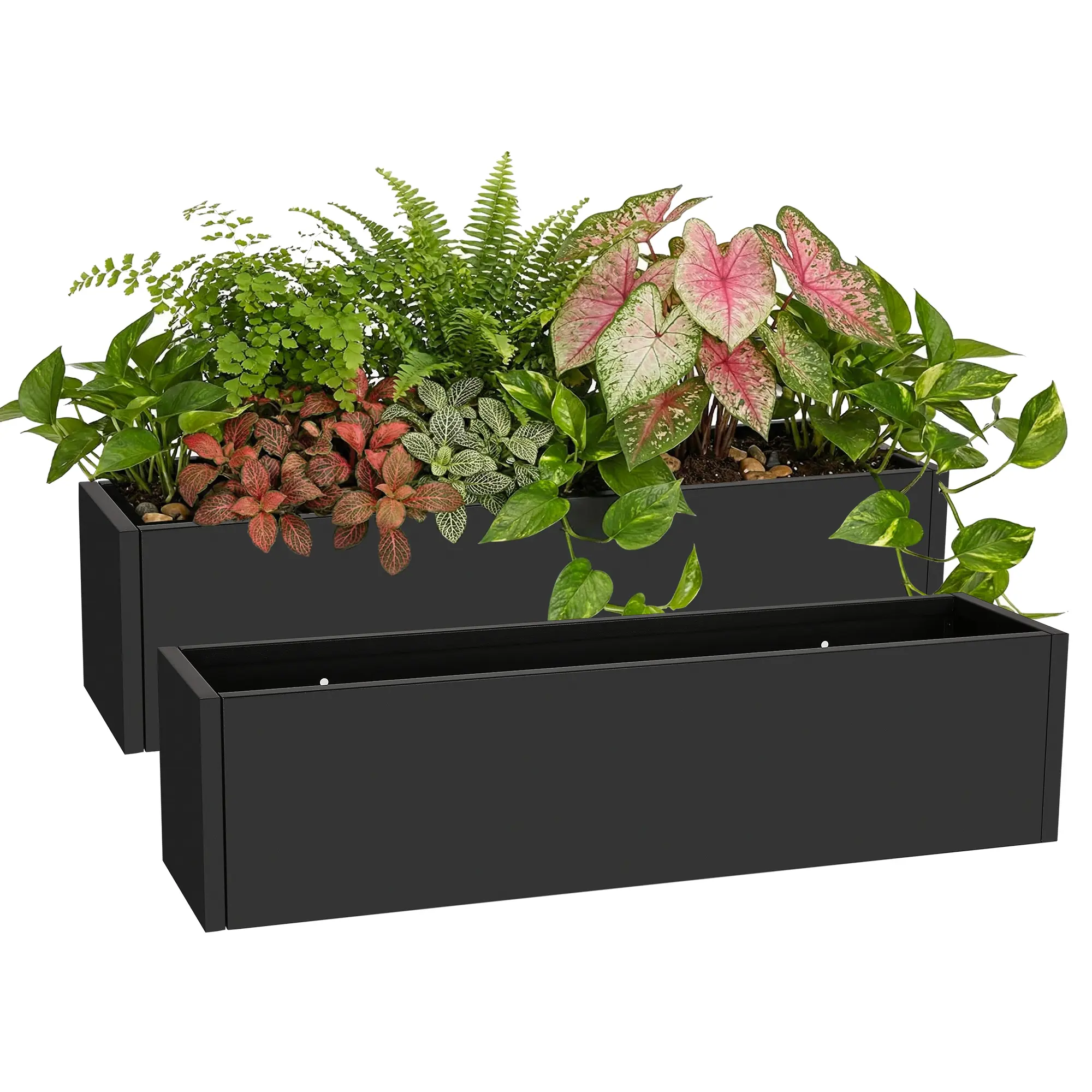 Large Black Metal Railing Planter Boxes, Heavy Duty Rectangular Window Flower Pots with Drainage Holes for Balcony & Deck