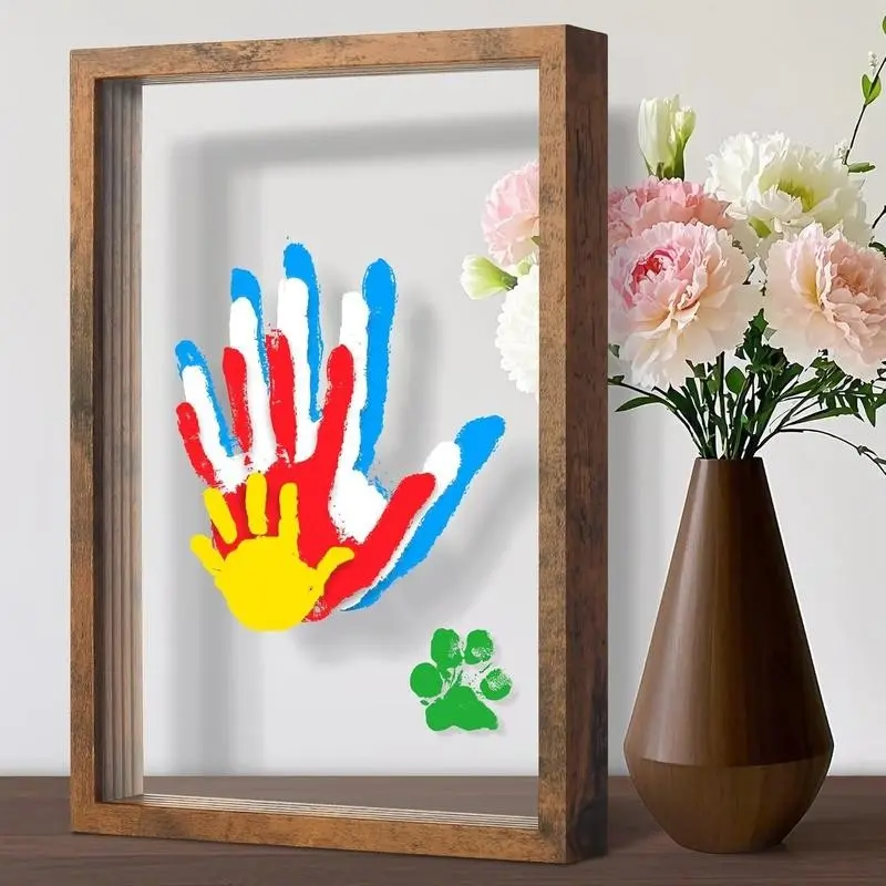 Wooden Transparent Handprint Frame Set, wooden picture frames, DIY Home Pet Memorial Gift Kit, Acrylic Board, Colorful Paints, Holds 4 Handprints