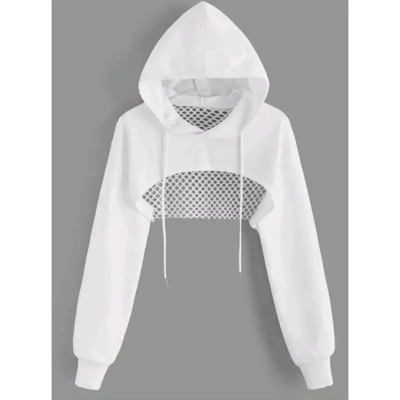 Extreme Super Cropped Hoodie with Fishnet Hollow Out Detail Long Sleeve Drawstring Cut Out Bolero Shrug Sweatshirt Y2K Baddie EDM Rave Outfit