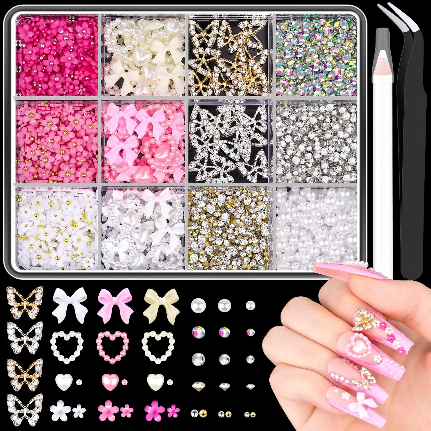 3D Nail Charms and Gems, 20PCS Chunky Butterfly Charms + 75PCS Coquette Nail Bows and Hearts + 3D Flowers for Nails with Rhinestones, Pearls, Diamonds and Picker Tools for Y2K Nail Decor