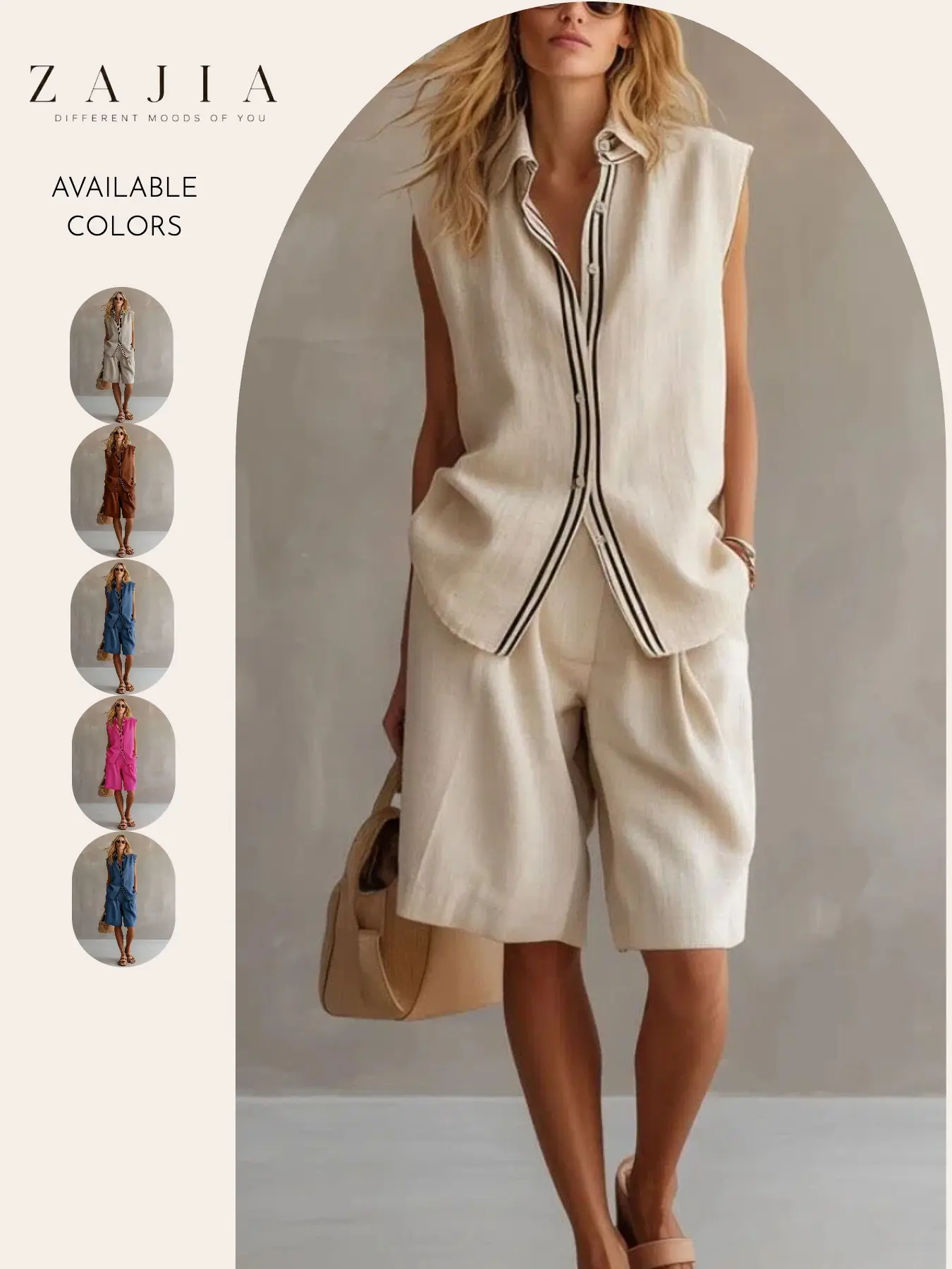 Women’s 2 Piece Matching Shorts Set, Sleeveless Button Down Shirt and Bermuda Shorts, Casual Summer, Loose-Fitting, Lightweight, Solid Pattern