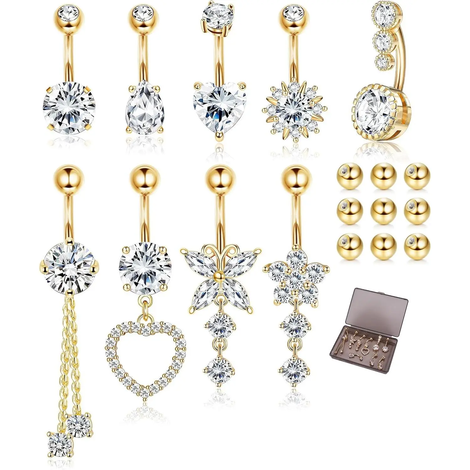9 Pcs Surgical Stainless Steel Hypoallergenic Belly Button Rings with Extra Replacement Balls, Trendy Dangle Belly Button Piercing Jewelry for Women, 14G - Silver Plated/14K Gold Plated
