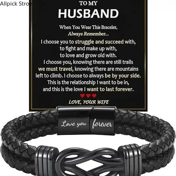 Men's Braided Leather Infinity Knot Bracelet - Engraved "Love You Forever", Braided Bracelets Jewelry for Anniversary, Birthday Gifts, Anniversary Gift, Personalized Gifts