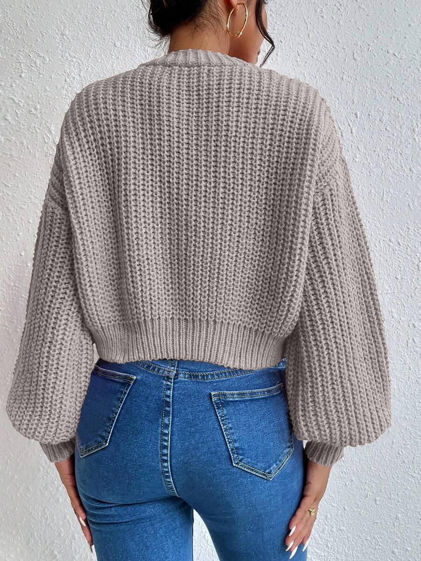 Women's Plain Bishop Sleeve Button Front Cardigan, Casual Long Sleeve V Neck Basic Knitwear for Fall & Winter, Fashion Women's Knit Clothing for Daily Wear