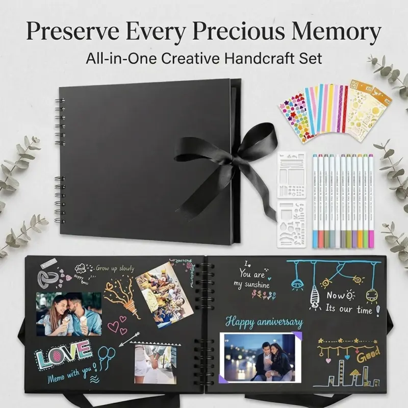 All In One Black Page Scrapbook Kit Ribbon Bound Memory Photo Album Comes With Marker Stickers Templates Complete DIY Craft Gift Set For Couples Anniversary Travel Memories