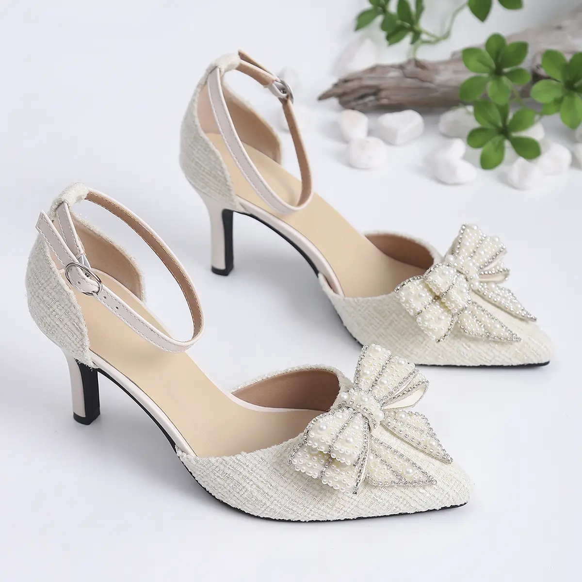 Women's Beige Tweed Footwear - Elegant Stylish Pointed Toe Kitten Heel Pumps, Pearl-Rhinestone Bow Slingback, Comfortable for Bridal, Party Wear, Exquisite Heels, Shoe, Braid, Lightweight, Tpu, Buckle, Ankle, Cute