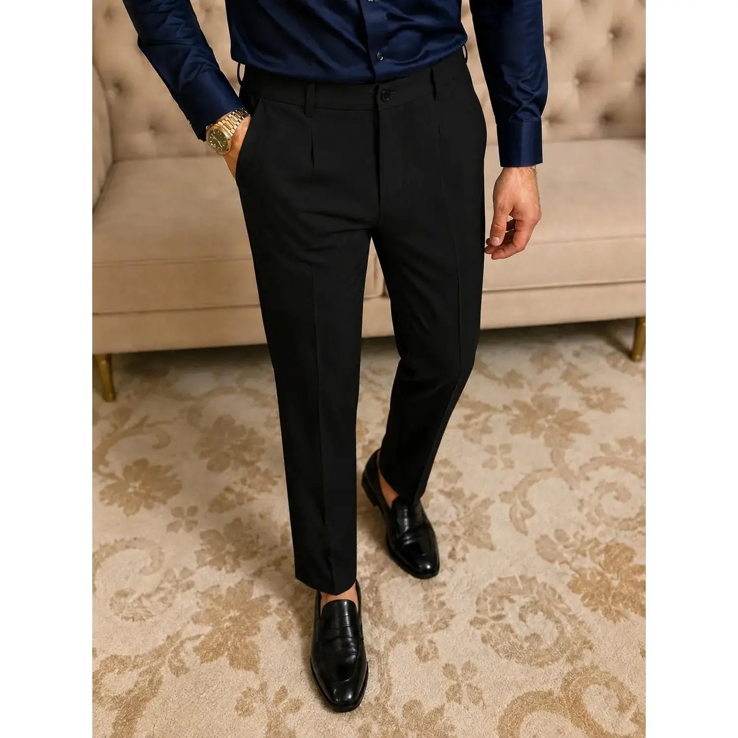 Veiskor-Men’s brown double-pleated dress pants for spring/autumn, featuring a fluid drape, a loose straight wide-leg cut, an American vintage premium feel, suitable for business casual and everyday commuting-versatile suit trousers.