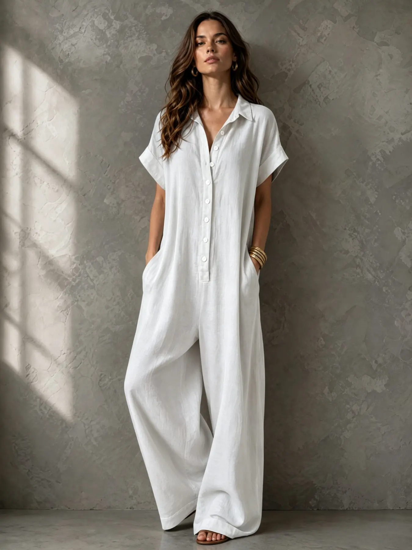 Women's Summer Casual Lazy Style Romper, Collared Short Sleeve Loose Fit Straight Leg Wide Leg Pants, Comfortable and Stylish