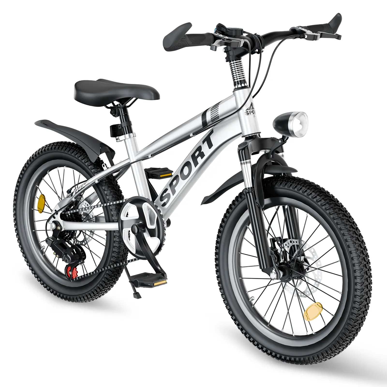 24-Inch Youth Size Kids Mountain Bike for Boys Girls Ages 7-12, 7-Speed Gear System, Dual Disc Brakes, Shock-Absorber Front Fork, LED Lights, Silver Steel Frame, Trail Riding Outdoor Bicycle