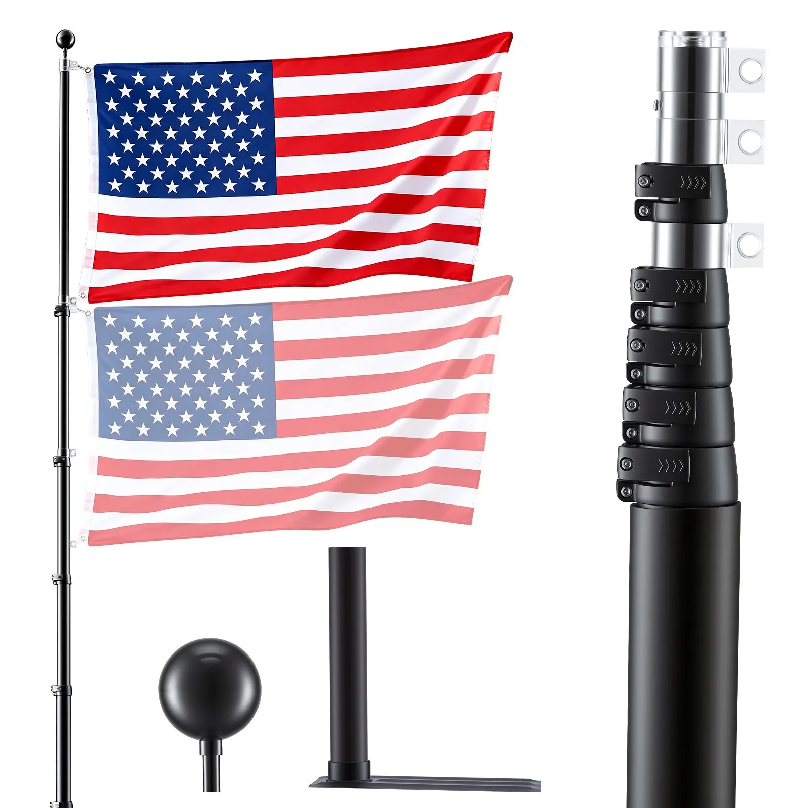 VEVOR 20 ft Heavy-Duty Telescopic Flag Pole Kit, Extra-Thick Outdoor Aluminum Pole with Mounting Base & 3x5 American Flag for Sedans, Food Trucks, Easy Display & Enhanced Visibility