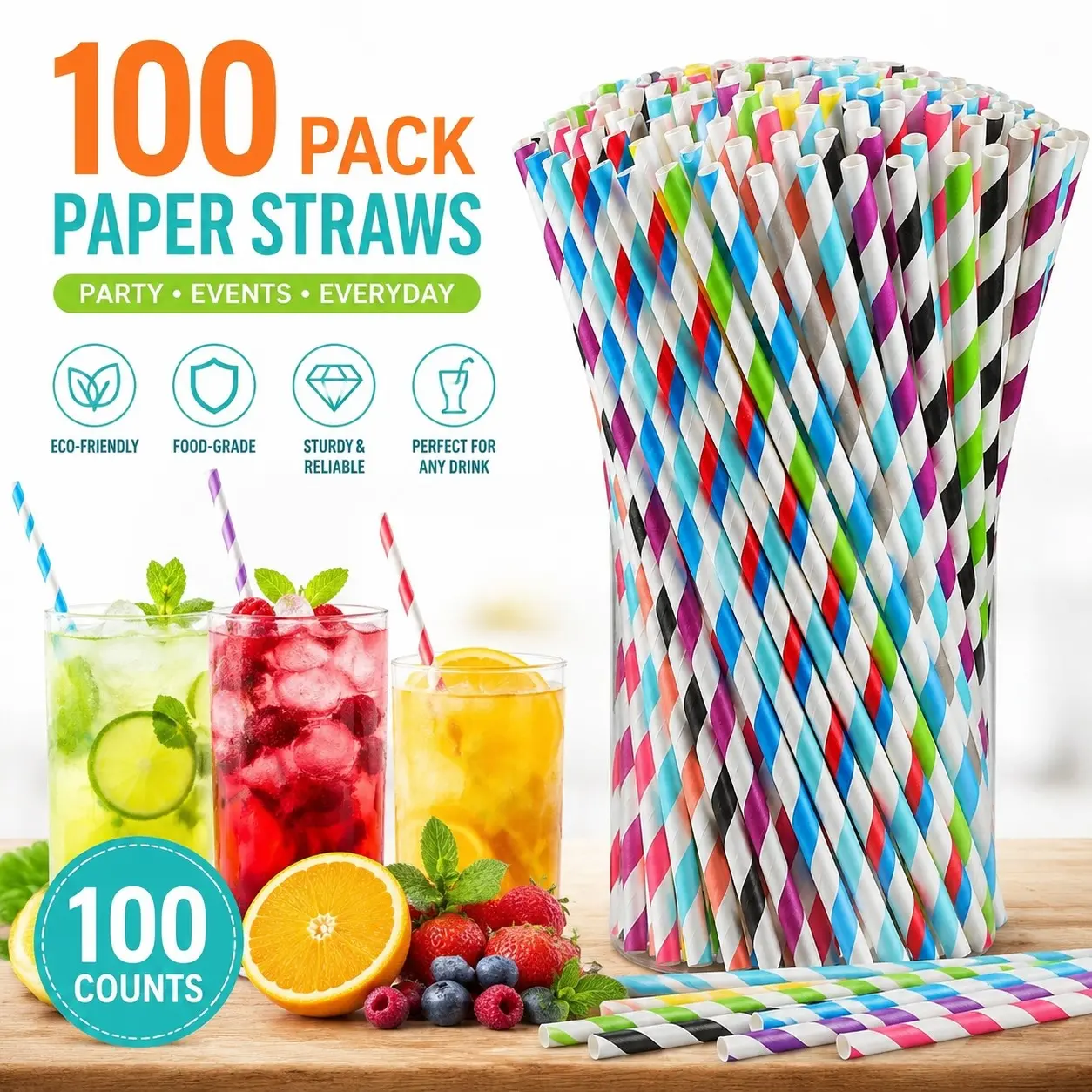 Colorful Striped Biodegradable Paper Straws 100 Pack, Disposable Eco Friendly Drinking Straws for Birthday Party Decorations, Wedding, BBQ, Cafe Cold Drinks