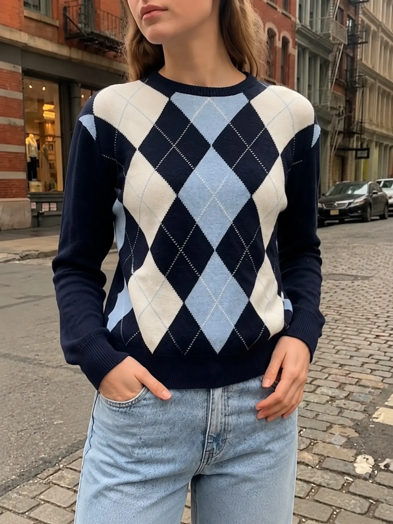 Women's Autumn Winter New Color Block Knit Sweater, Pullover Round Neck Long Sleeve with Jacquard Checkered Pattern, Cozy Fashion for Ladies Knitwear