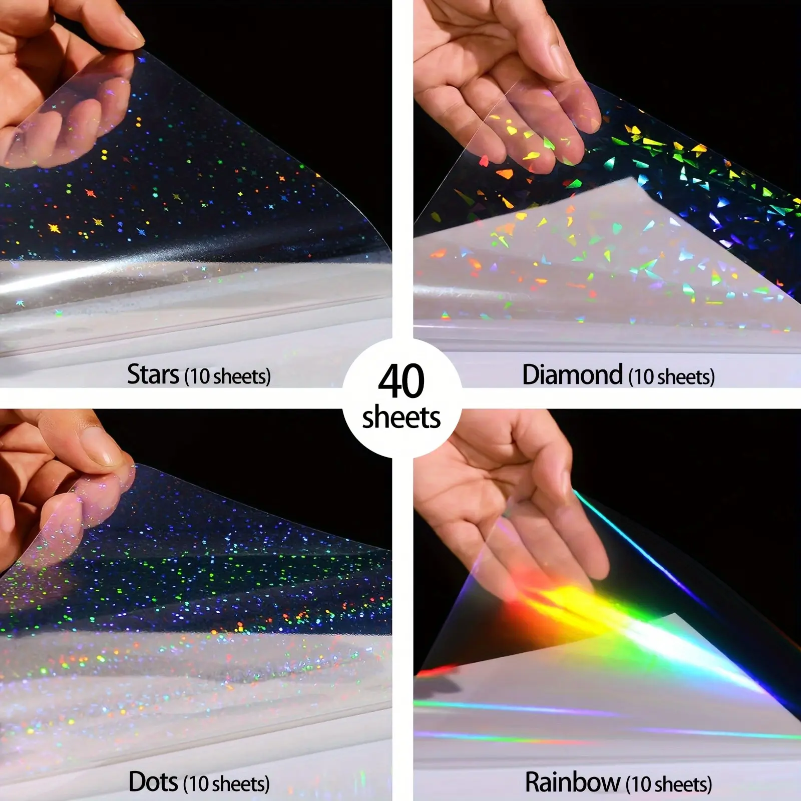 40 Sheets A4 Clear Holographic Cold Lamination Film, 8.3×11.7 Inch 4 Styles Mixed: Diamond, Rainbow, Stars, Dots, Waterproof Self-Adhesive Vinyl Sticker Paper, Aesthetic Stickers