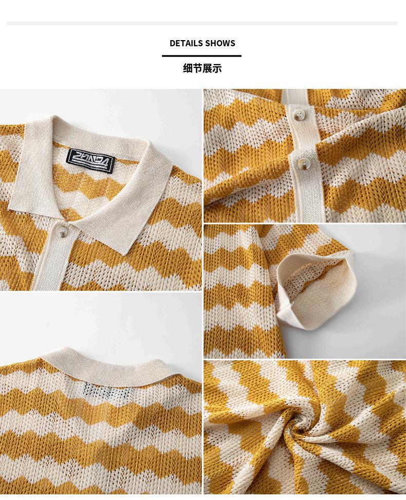 Men's Vintage Hong Kong Style Wave Pattern Hollow Knit Shirt with Turn-down Collar, Summer Short Sleeve Casual Polo Shirt