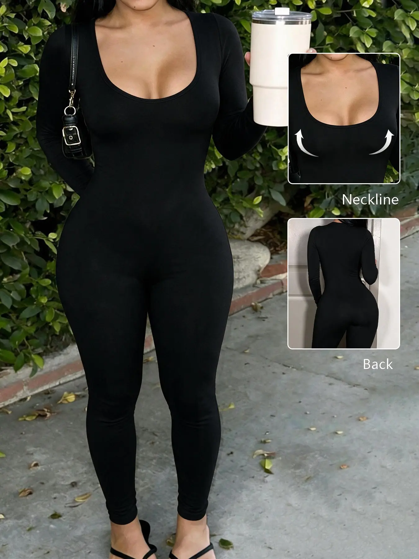 Body Shaping Black Solid U Neck Long Sleeve Jumpsuit, Stretch Knit Wrap Figure Lines, Deep U Neck Modify Upper Body, Slim Long Leg Pants Extend Proportion, Curvy & Petite Friendly Design, Daily Walking Outfit, Party Styling