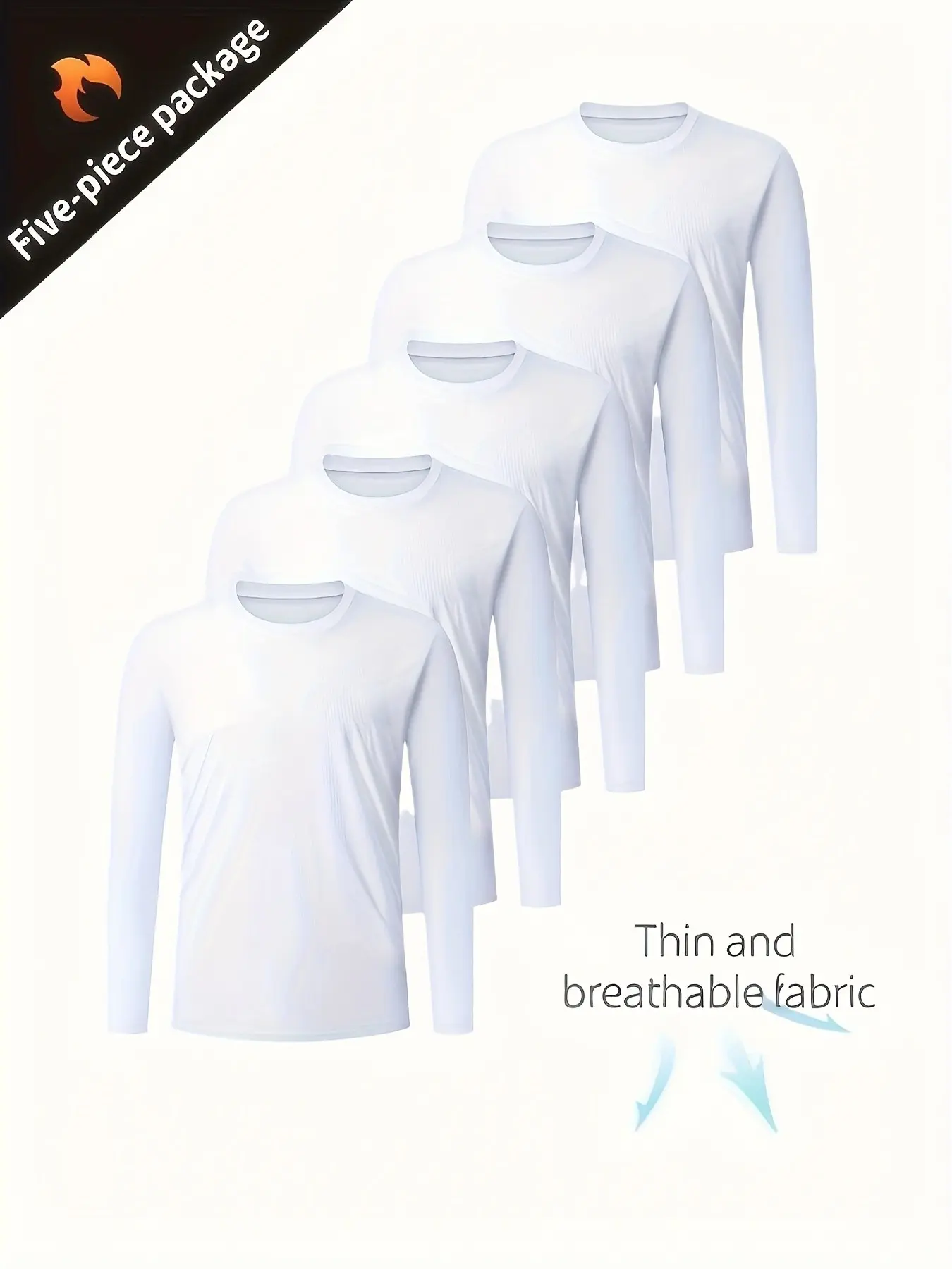 5-Pack Men's Lightweight Quick-Dry Solid Round Neck Active Sportswear, Fitness Workout Shirt, Dry Fit Athletic Long Sleeve Casual Tops for Training, Gym, Outdoor Activities