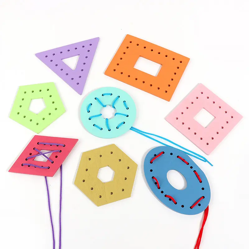 Wooden children's fine motor skills training geometric block threading board and string toy, early education educational beading and threading toy