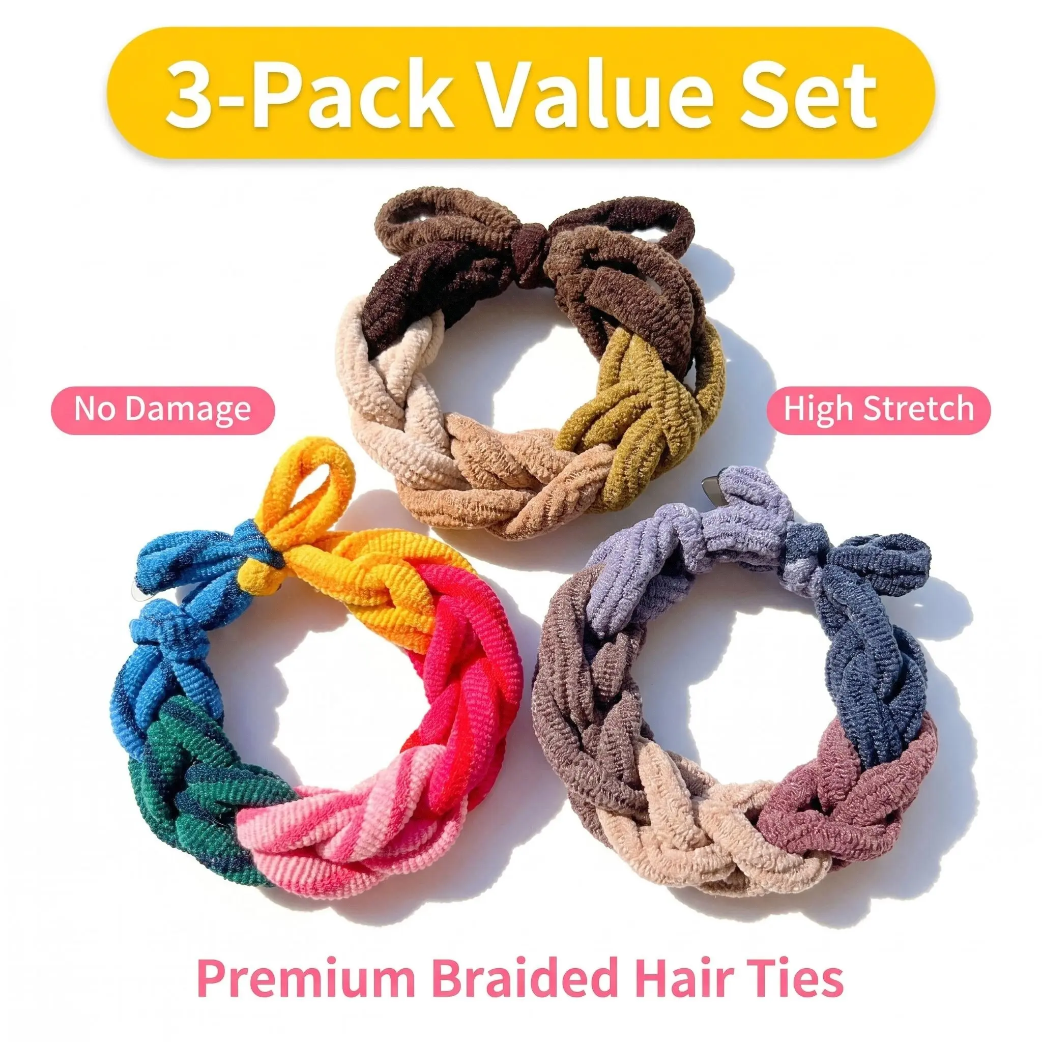 1 Scrunchies 3Pcs Luxury Braided Hair Ties Set for Women Handmade Texture Soft Terry Fabric No Damage Ponytail Holder Aesthetic Summer Sale