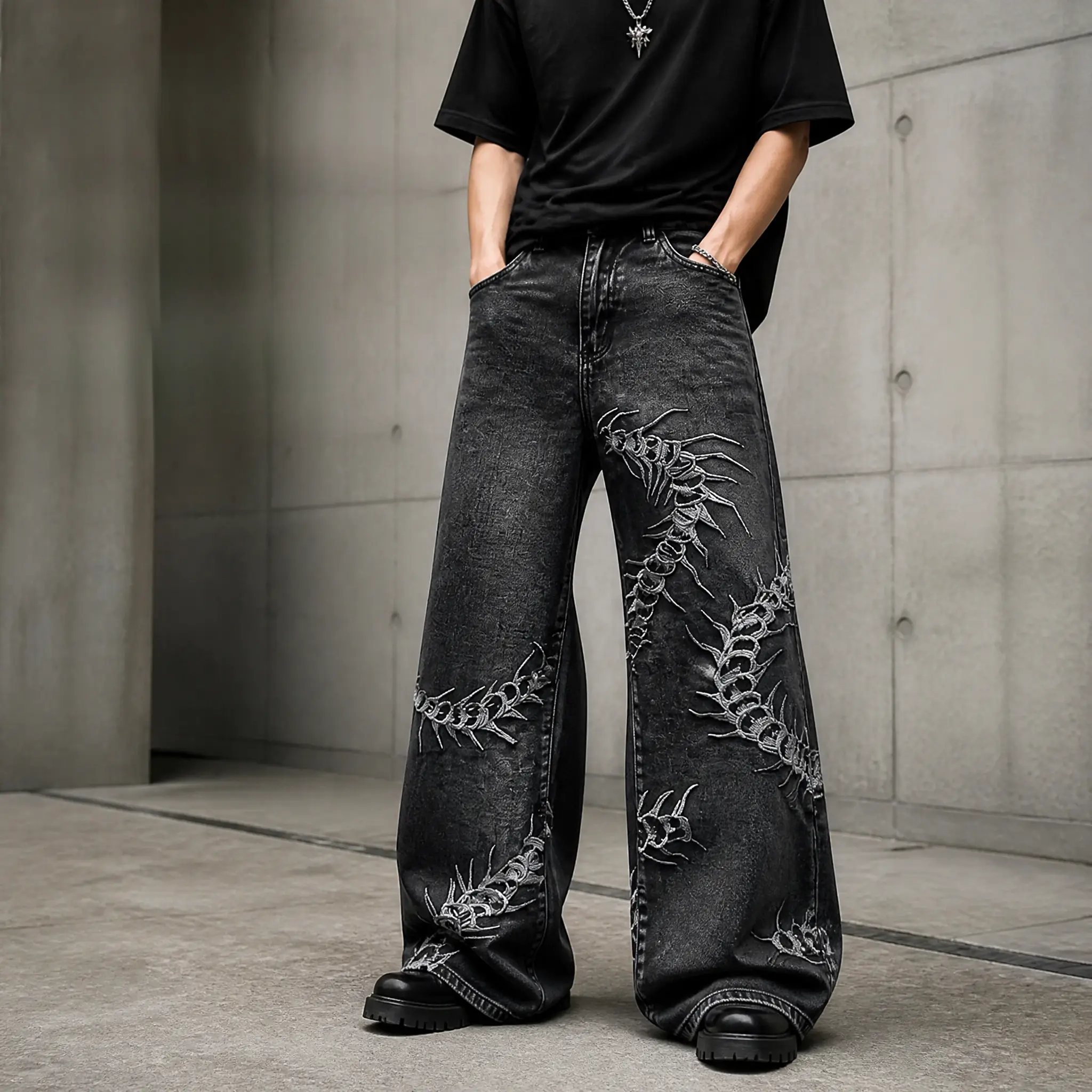 Men's Gothic Punk Dark Centipede Embroidery Denim Jeans - Full-Length Baggy Wide-Leg, Vintage Distressed Black Wash, Breathable Fabric, 90s Grunge Aesthetic Menswear Alt Clothes for Street Fashion Enthusiasts, Pants, Oversized