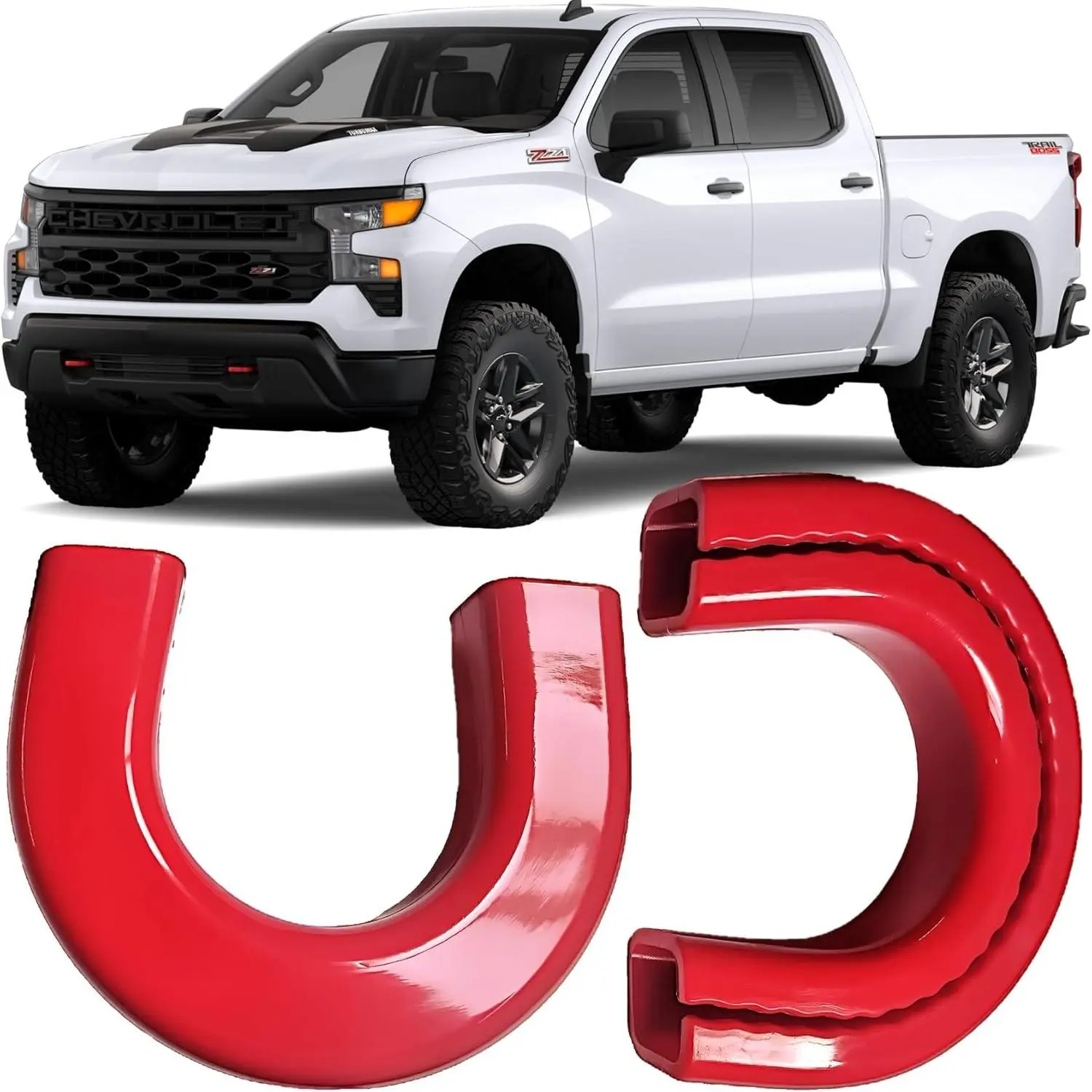 (Extended Version) Silicone Front Tow Hook Covers, Automotive Vehicle Accessory, UV Resistant Tool-Free Car Accessories for Silverado 1500 (2007-2026) & GMC Sierra 1500 (2007-2019), Not Compatible with Vertical Tow Hooks (Red)