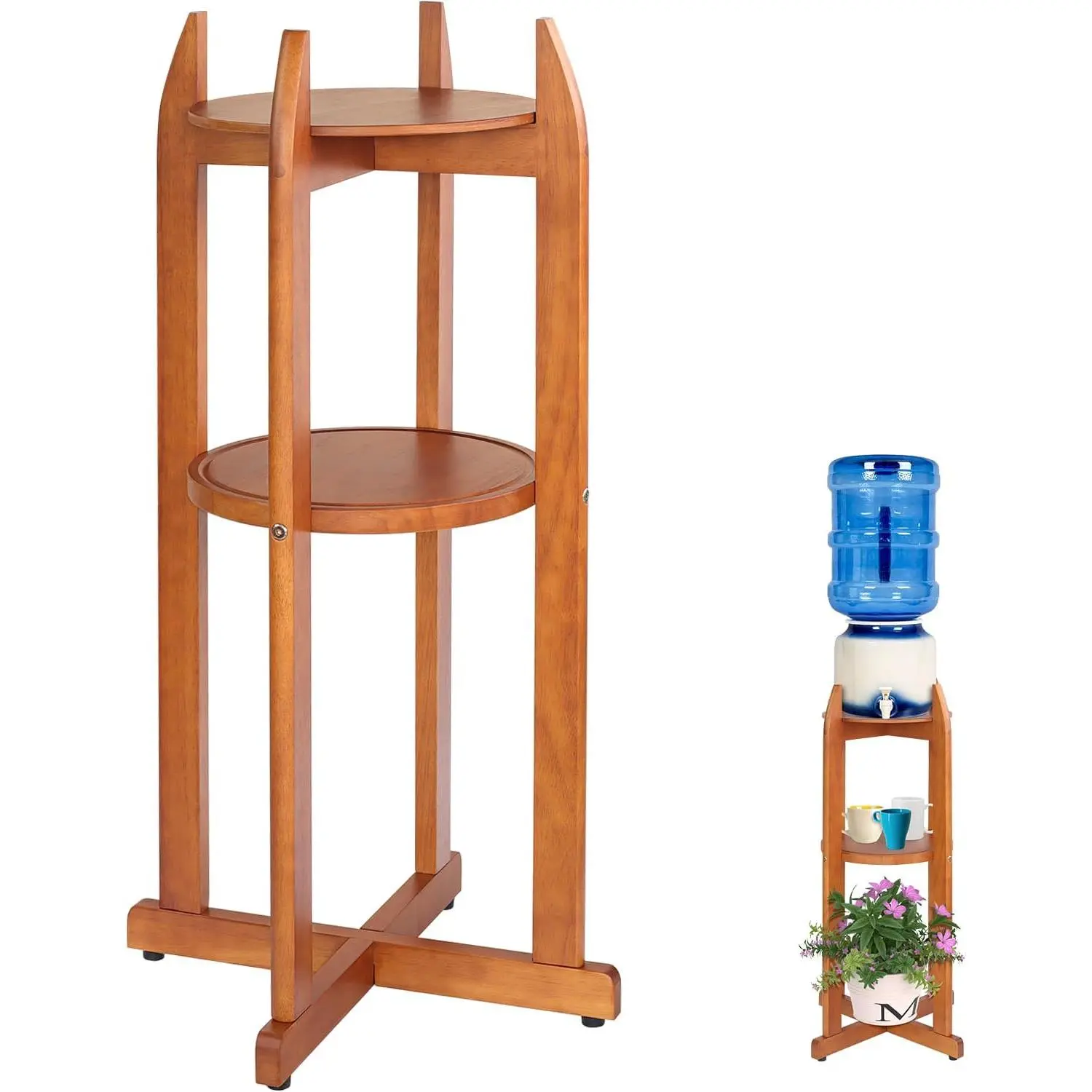 Natural Solid Wood Water Dispenser Floor Stand(32.8" Hight-11.2" Wide) Drink Dispenser Floor Stand with 2 Round Shelfs Included for 1-5 Gallon Water Bottles/Crocks, Water Jug and Plant Stand-Light