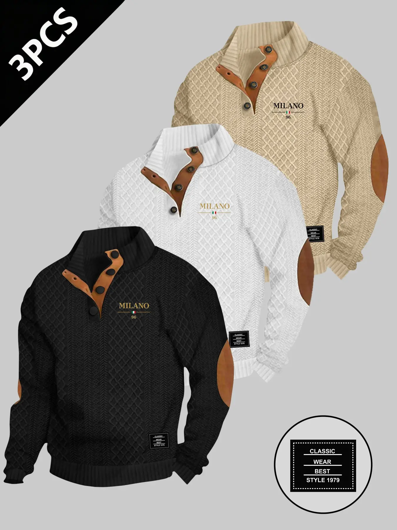 3-Pack Men's Fall Winter Warm Knit Polo Shirts, Vintage Houndstooth Jacquard, Casual Long Sleeve, Ideal Christmas Gift