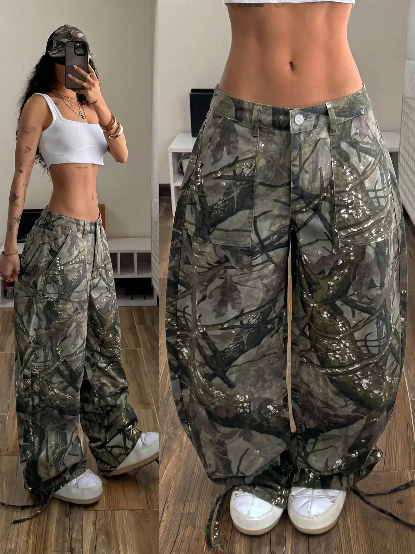 Sexy Low Waist Camouflage Knife Pants, Super Loose Oversize Casual Fit, Lazy Parachute Long Pants, Music Festival, Comfortable and Stylish Oversized, Camo Printed Pants, Casual Streetwear Pants