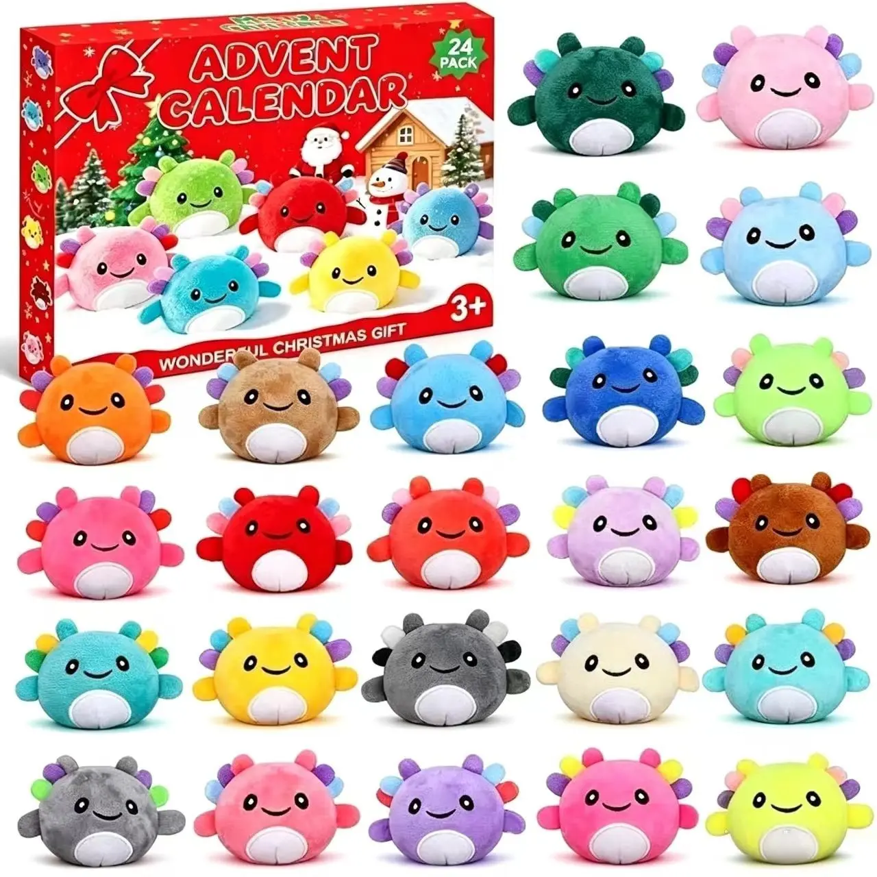 Christmas Axolotl Plush Countdown Calendar, 24 Colorful Mini Axolotl Stuffed Toys, Cute 24-Day Christmas Gift for Kids