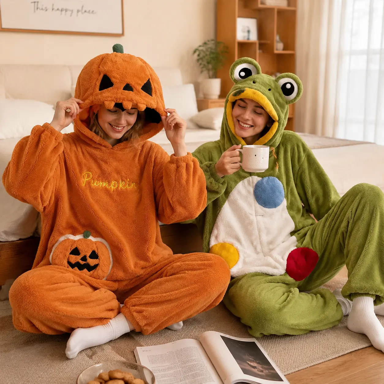 Women's Cute Pumpkin Halloween Onesie, Ultra-Soft Plush Fleece 1-Piece Pajamas, Warm Hooded Flannel Cosplay Jumpsuit for Winter Loungewear