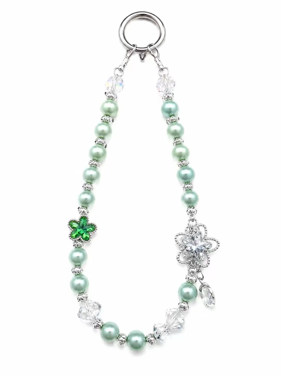 Mint Green Pearl Four-Leaf Motif Smartphone Strap Crystal Beads Keychain SJ 708