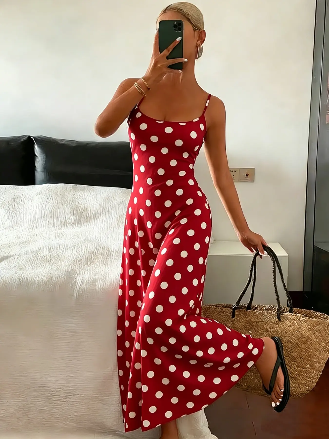 1 piece of spring and summer polka dot printed spaghetti strap home dress/casual wear/essential sleepwear summer nightgown for vacations.